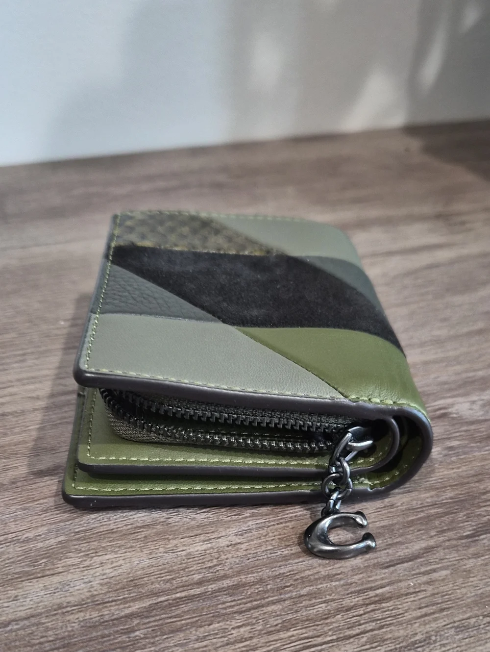 Coach Men's Patchwork Leather Card Wallet in Olive Green and Black